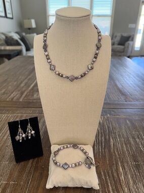 Handcrafted Lavender Faux Pearl Bead Necklace, Bracelet & Earrings Set